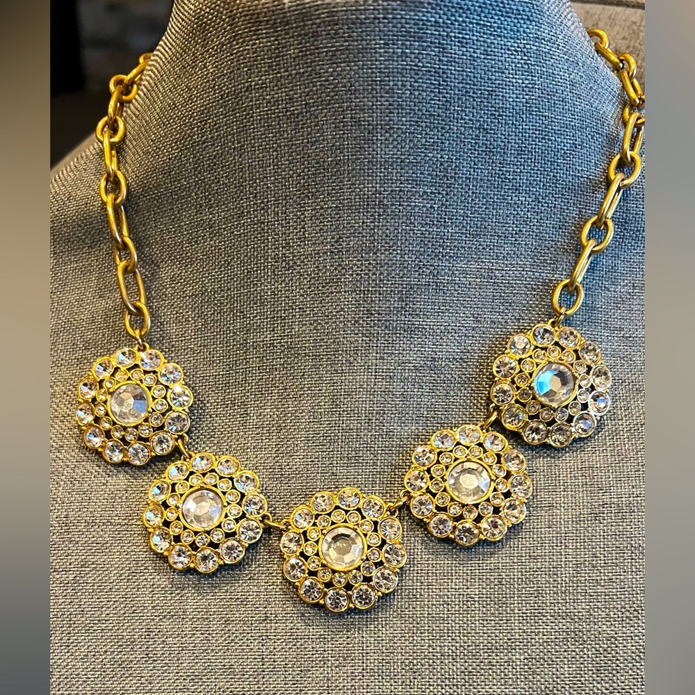 Authentic J. Crew Necklace 5 Medallions Antique Brushed Gold Tone White Crystals